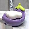 Cute Smiling Face Ceramic Soap DishOval Durable Bathroom Countertop Organizer with Drainage Holes,Purple/White Design for Soap,Toothbrushes,Toiletries