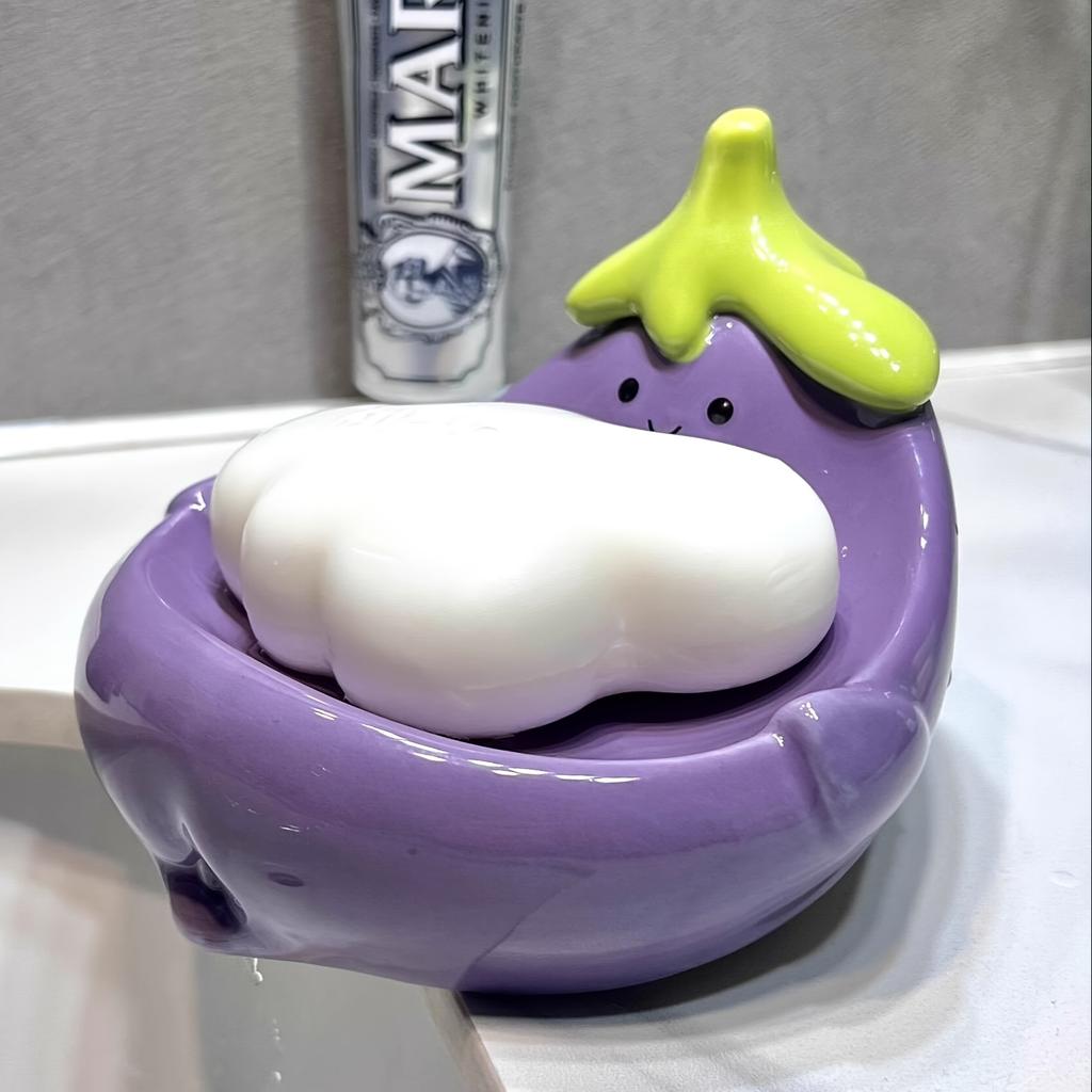 Cute Smiling Face Ceramic Soap DishOval Durable Bathroom Countertop Organizer with Drainage Holes,Purple/White Design for Soap,Toothbrushes,Toiletries