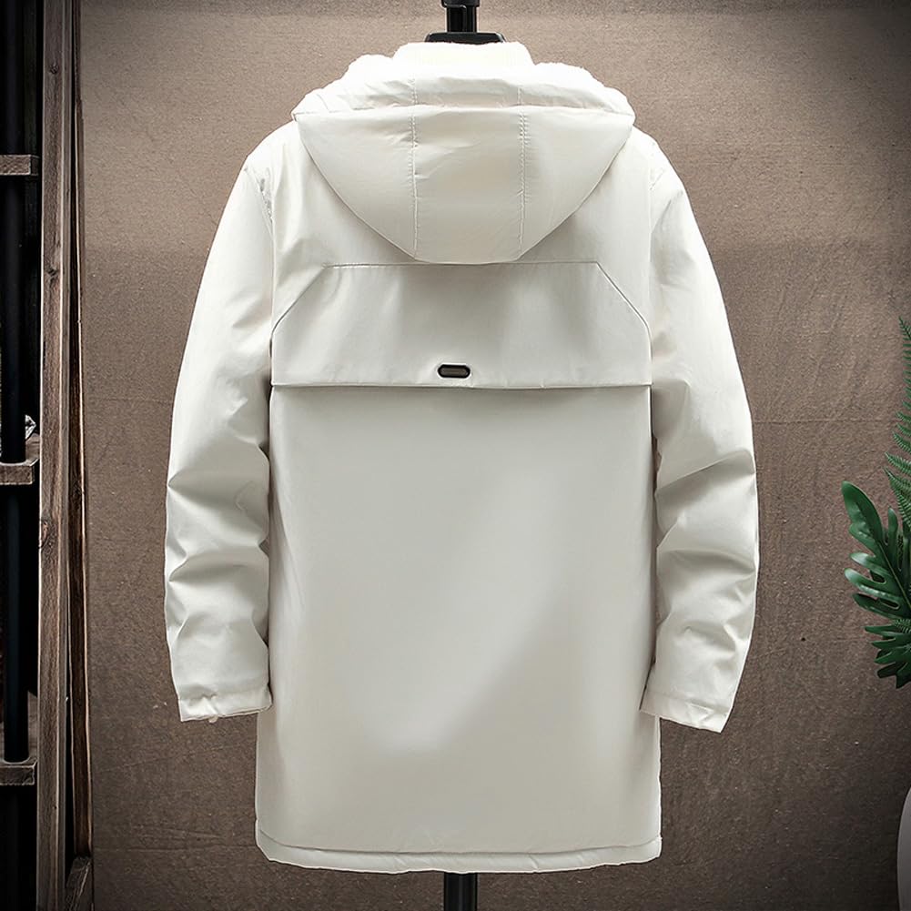 Liaziong Long Plus White Men's Jacket, Fleece-Lined, Windproof, Cold-Resistant, Warm, Hooded, Sizes, Zip-Up Hoodie, (Size M)