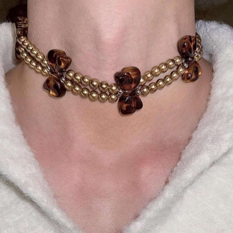 American Vintage Niche Design Pearl Neck Chain Leopard Print Bow Double Necklace Choker Women's Collarbone Chain
