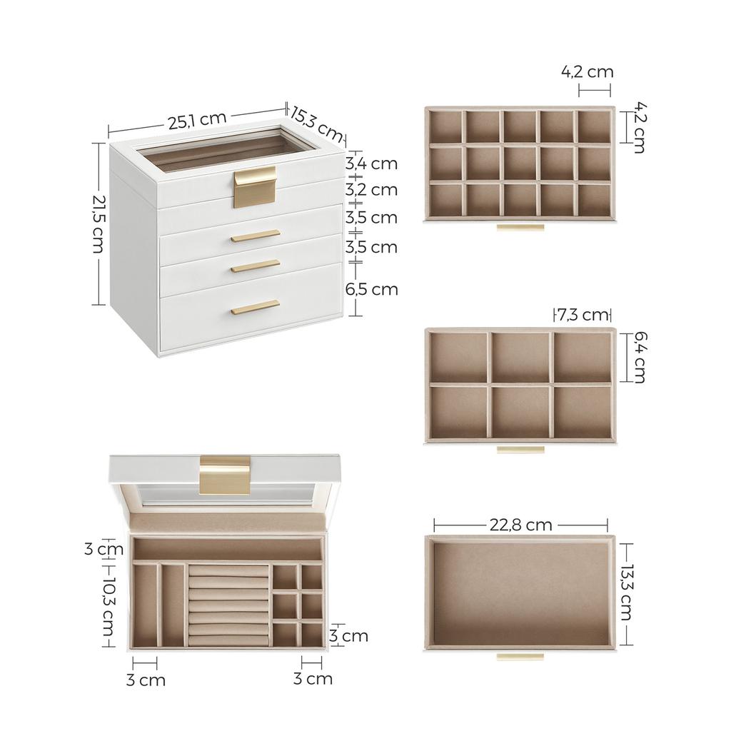 SONGMICS Jewellery Box with Glass Lid, 4-Tier Jewellery Organiser, 3 Drawers, for Sunglasses, Big Jewellery, Jewellery Storage, Modern Style