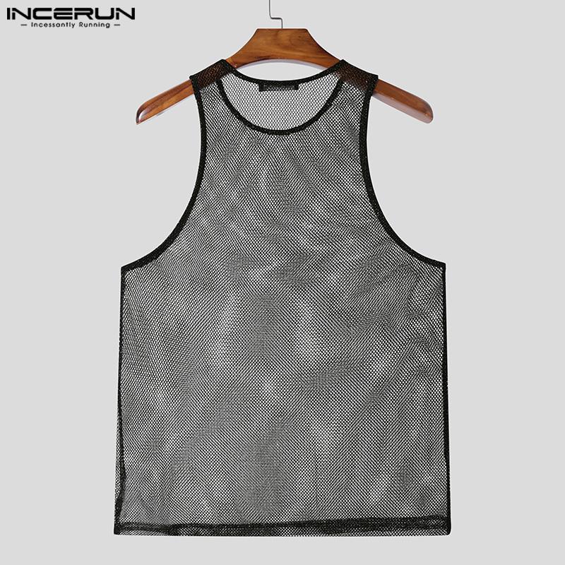 INCERUN Débardeurs T-shirts Transparents en Maille Ajourée Sans Manches pour Homme