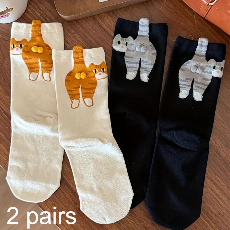 2 Pairs Cartoon Cute Cat Balls Cotton Socks Kawaii Lolita Knitting Socks Women Girls Middle Tube Sleep Sock Cat Print Floor Sock