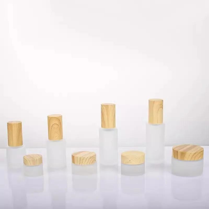 Wood Grain Frosted Glass Bottle with Pump Spray, Refillable Lotion Cosmetic Container for Travel Serum Essentials