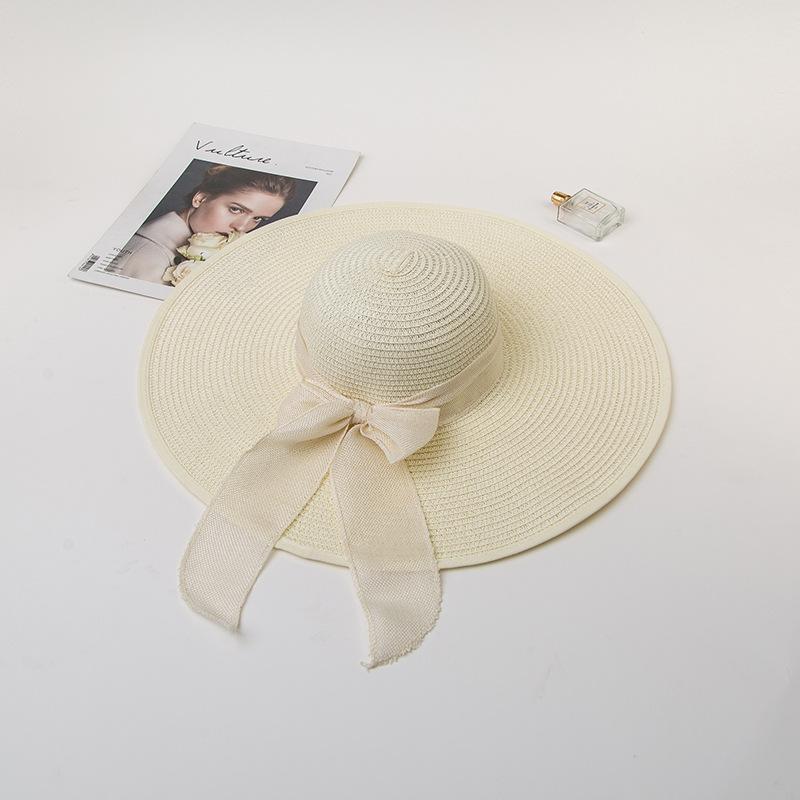 Damen Strohsonnenhut mit extra breiter Krempe, Sommer UV-Schutz Hut mit breiter Krempe und Schleife, Strand Sonnenschutz Schlapphut, Elegante Urlaubsreise Sonnenkappe