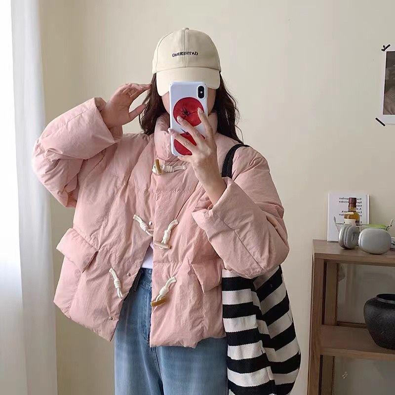 Korean Style White Duck Down Jacket - Stand Collar, Loose Fit, Petite Women's Winter Coat