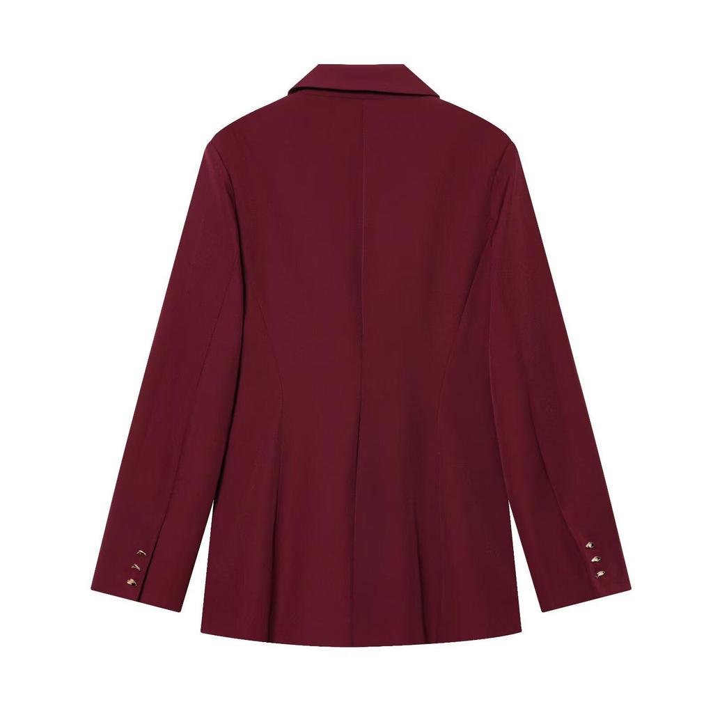European American Style Fashion Suit: Buckle Decor Jacket & Straight-Leg Pants Two-Piece Slim Fit Set for Women