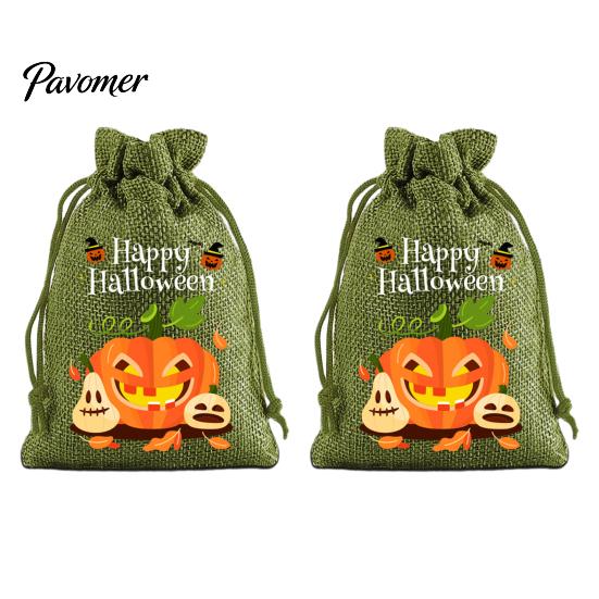 Trick or Treat Party Souvenirs 2Pcs Halloween Pumpkin Drawstring Bags for Candy Treats, Retro Burlap Rustic Linen Goodie Bags, Portable Kids