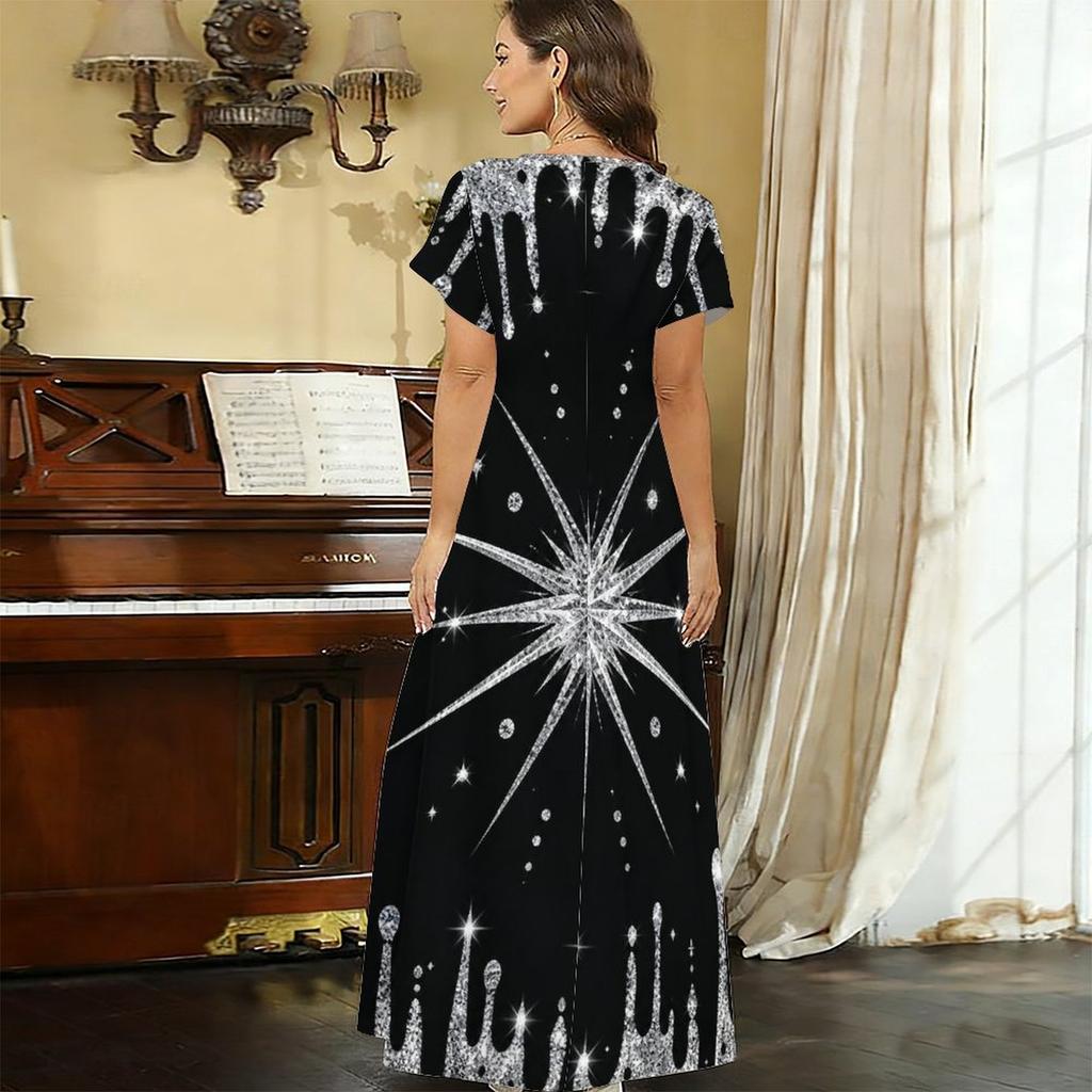 Women Plus Size V Neck Short Sleeve Black Gold Printed Long Straight Maxi Dress