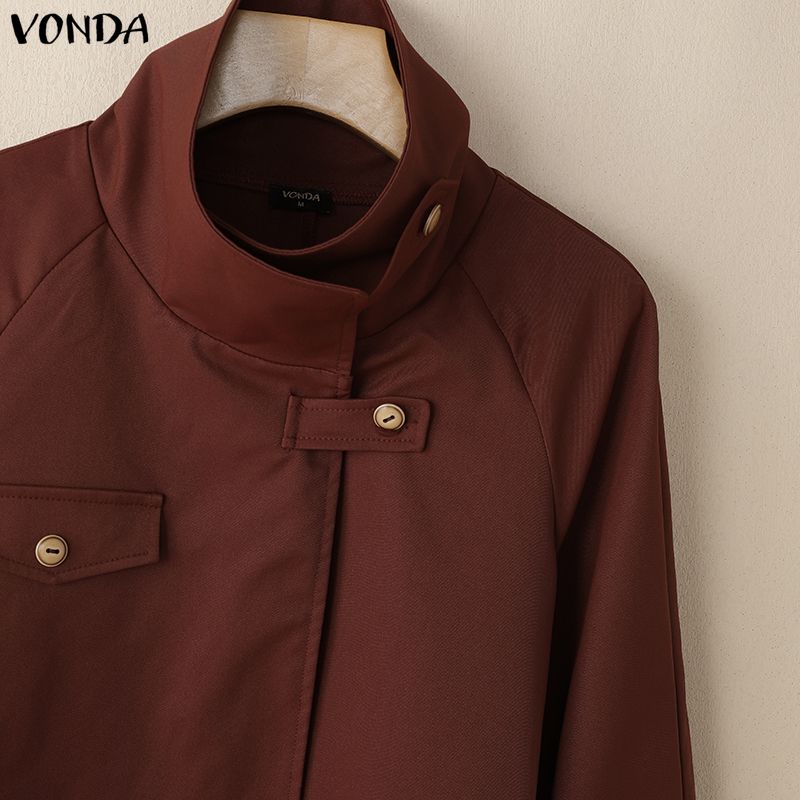 VONDA Autumn Spring Women Stand Collar Button Long Sleeve Casual Loose Short Jacket Gargo Thin Coats