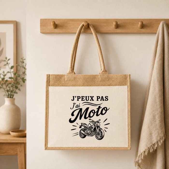 Sac Cabas Jute avec Poche J’peux pas j’ai Moto J'peux pas minimaliste | Toile de Jute et Coton 21 L Fond Plat Anses 65 cm | Marché