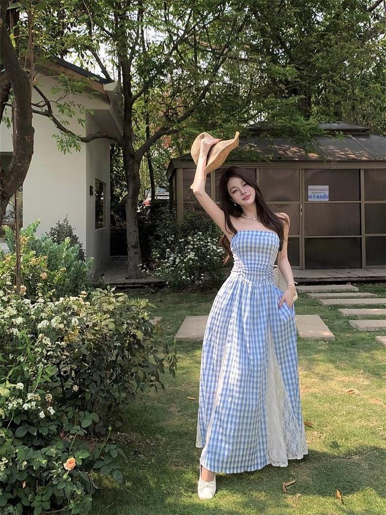 Polyester Lace Beach Dress With Spliced Design For Summer Vacation And Sunset Walks