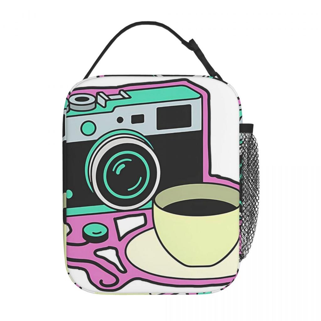 Camera And Coffee Pattern Insulated Lunch Bag for Women Children Portable Food Boxes Thermal Lunch Box Tote