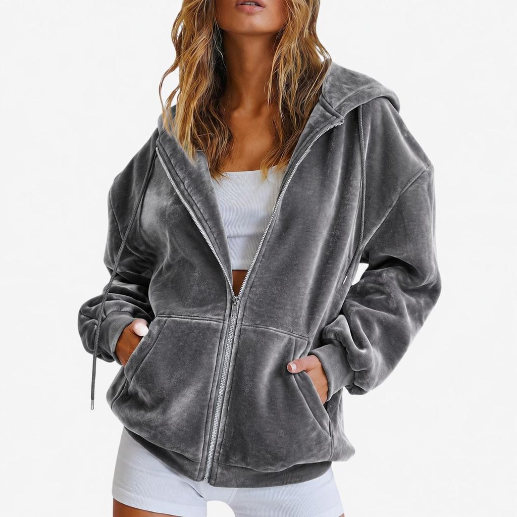 European and American Golden Velvet Hooded Sweater Autumn and Winter Loose Zipper Cardigan Jacket Casual Top