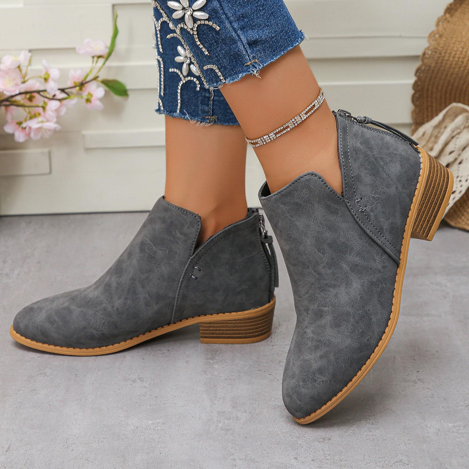 Женские туфли с круглым носком Модные повседневные замшевые ботильоны на танкетке с задней молнией для женщин Сапоги на толстой подошве с массивным каблуком 36 серый 3290₽