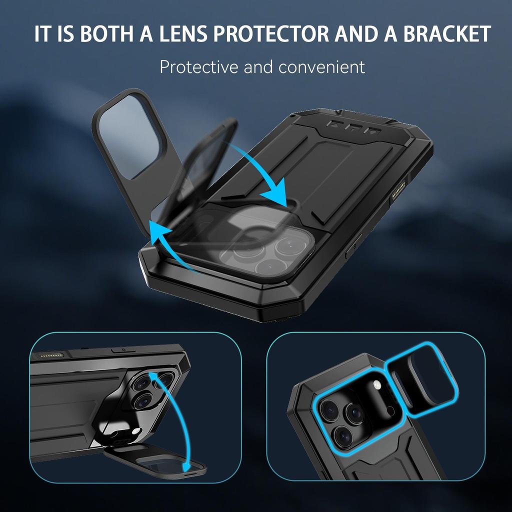 Invisible Stand Metal Tri-Proof Phone Case for iPhone 17/16Pro, Sliding Window Drop-Proof Protective Cover.