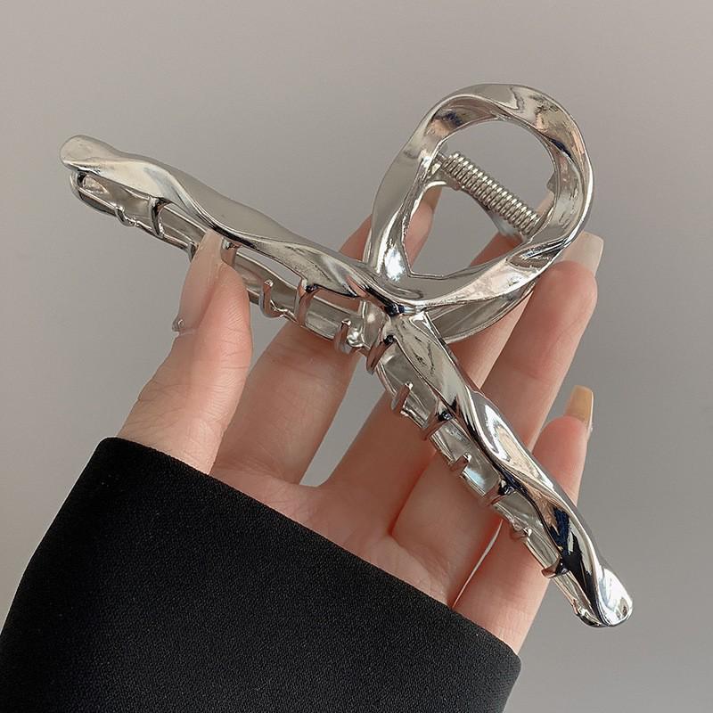 Silver Textured Metal Shark Hair Claw - Women's Stylish Updo Clip Accessory
