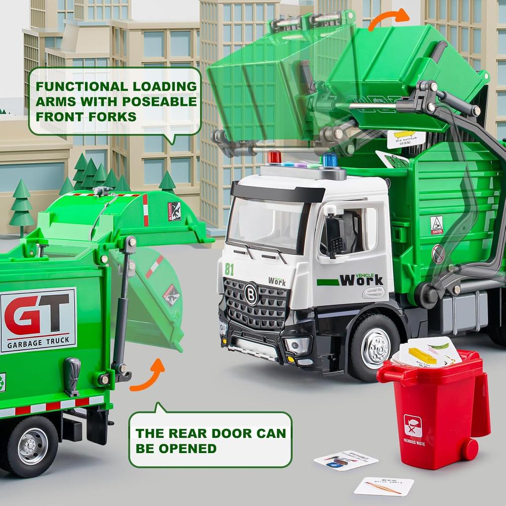 Garbage Truck Toys for Boys, 12" Big Trash Truck with Lights and Sounds, Friction Powered Waste Management Recycling Toy Set with 4 Trash Cans and