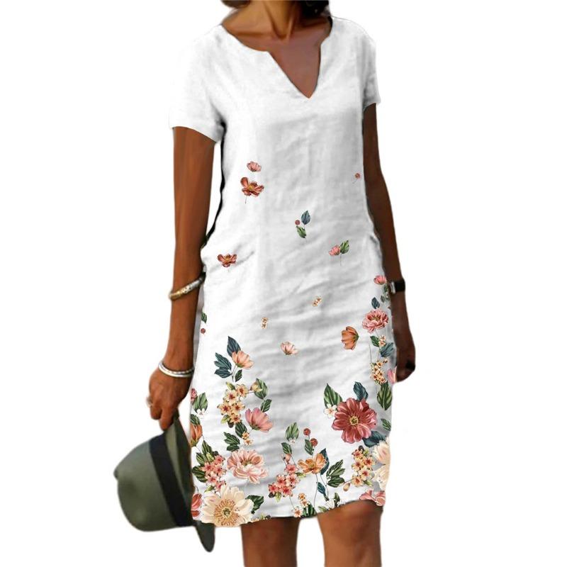 Fashion Summer Short Sleeve Printed V-Neck Dress Elegant Loose Casual Simple A-line Party Dresses Plus Size Holiday Ofice Ladies Clothing