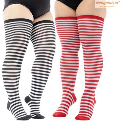 Übergröße Schwarz Weiß Gestreifte Oberschenkelhohe Socken für Damen Elastisch Über Knie Baumwollmischung Rutschfest Bequem Party Alltagskleidung