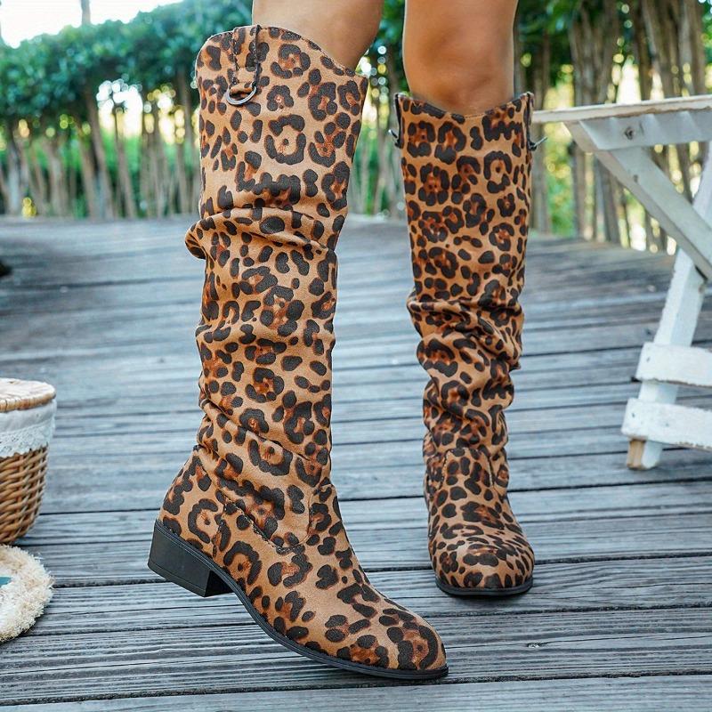 Women'S Leopard Print Mid-Calf Boots - Slip-On Chunky Heel Round Toe Cover Knee-High Boots for Spring Animal Print Design, Comfortable Fabric Lining
