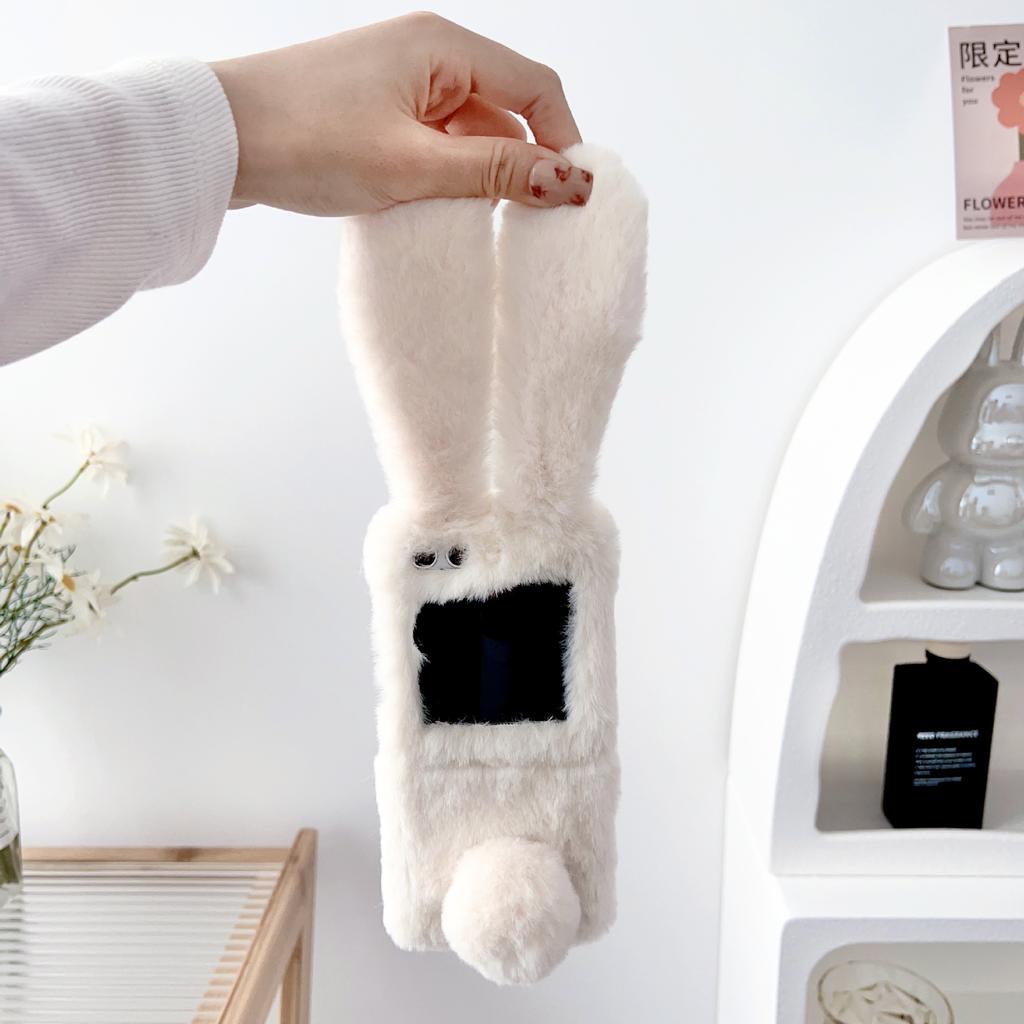 Phone Cases Samsung,Fluffy Furry Phone Case with Bunny Ears | Winter Plush Cover for Foldable Phones