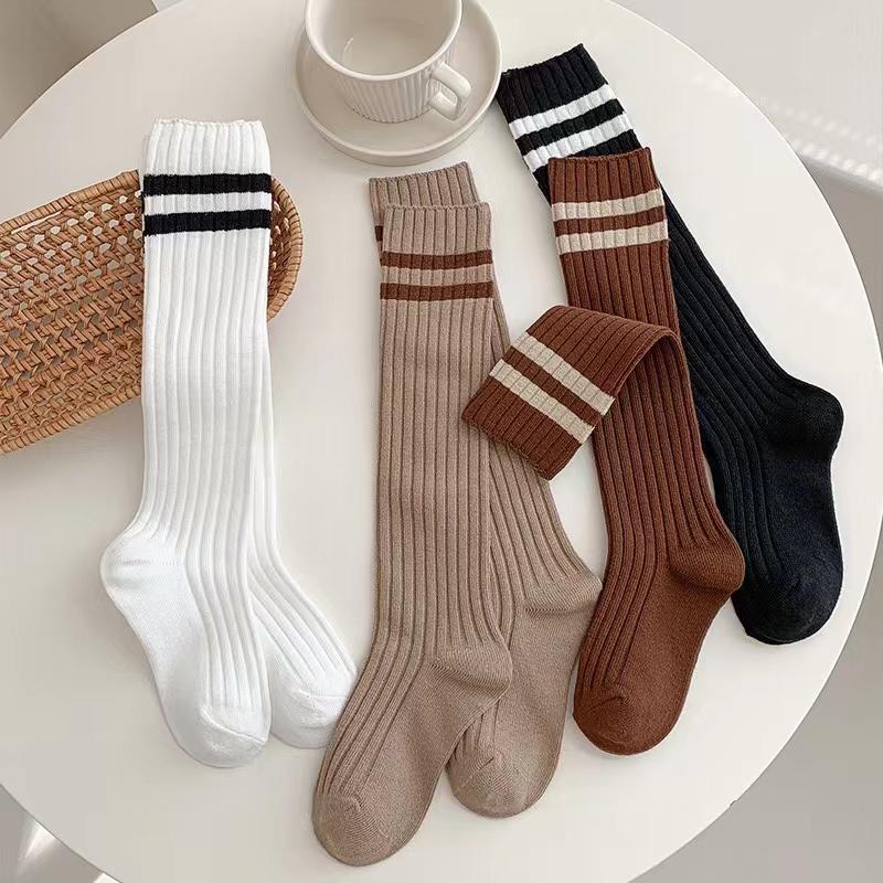 1 Pairs/ Kids Knee High Long Socks Soft Cotton Black White Stripes Children Sports Socks Boys Girls Classic Preppy Style Sock