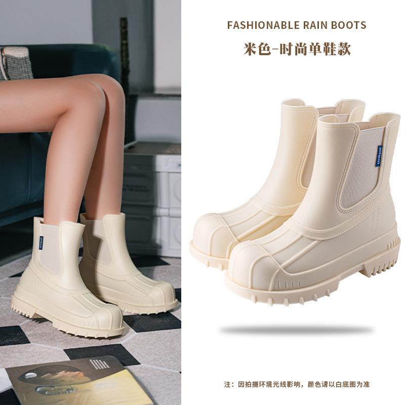 Women's fashion outer wear waterproof Martin boots medium and short tube fashion rain boots shell head thick sole elastic woven rubber shoes
