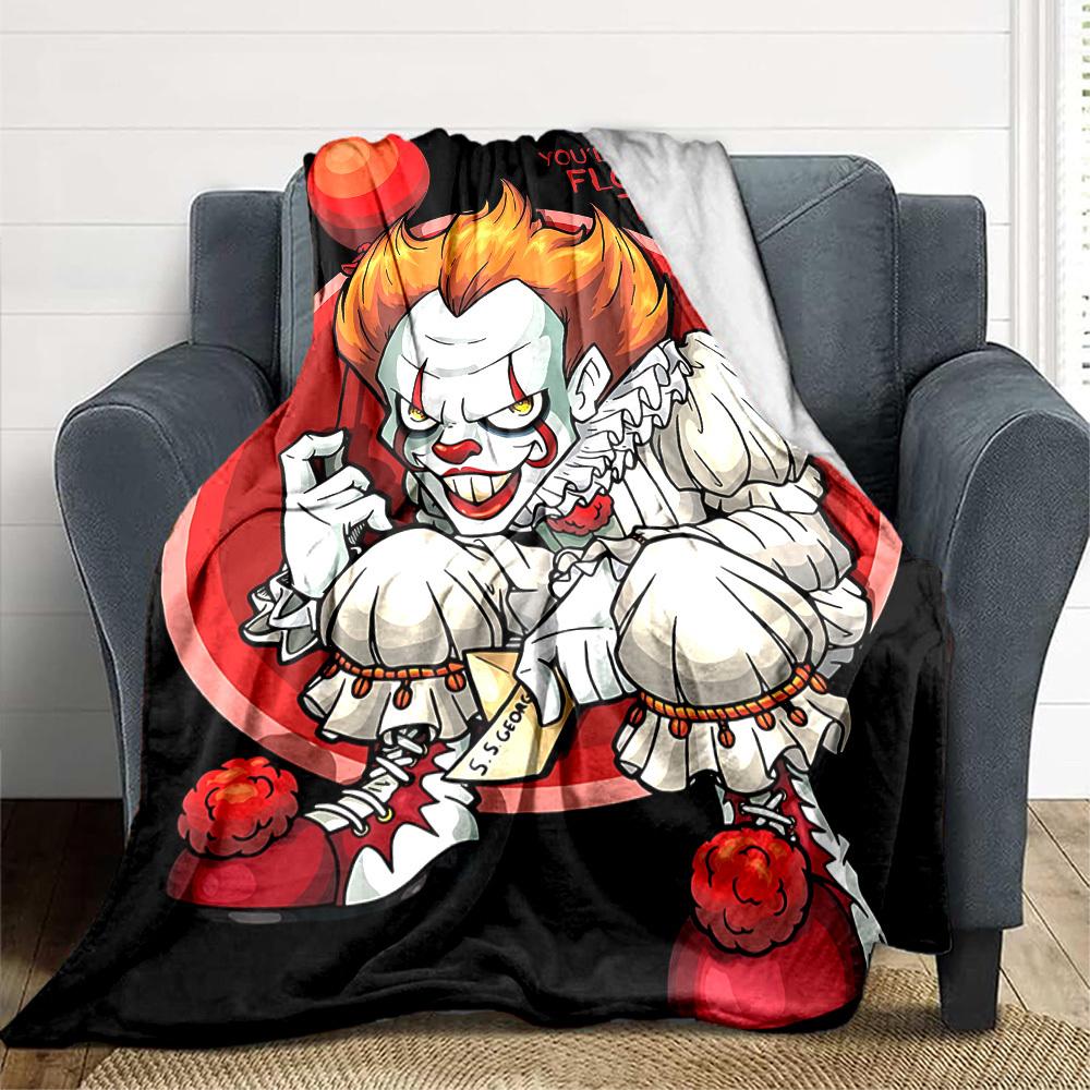 1pc It "Clown" Flannel Throw Blanket - HD Printed Lightweight Soft Warm All-Season Blanket for Sofa, Bed, Travel, Camping 020