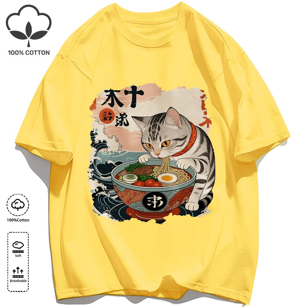 A Cat That Likes To Eat Noodles Print T Shirt Unisex Casual Loose Short Sleeve Summer Soft Clothing O-Neck Unisex Cotton Tee