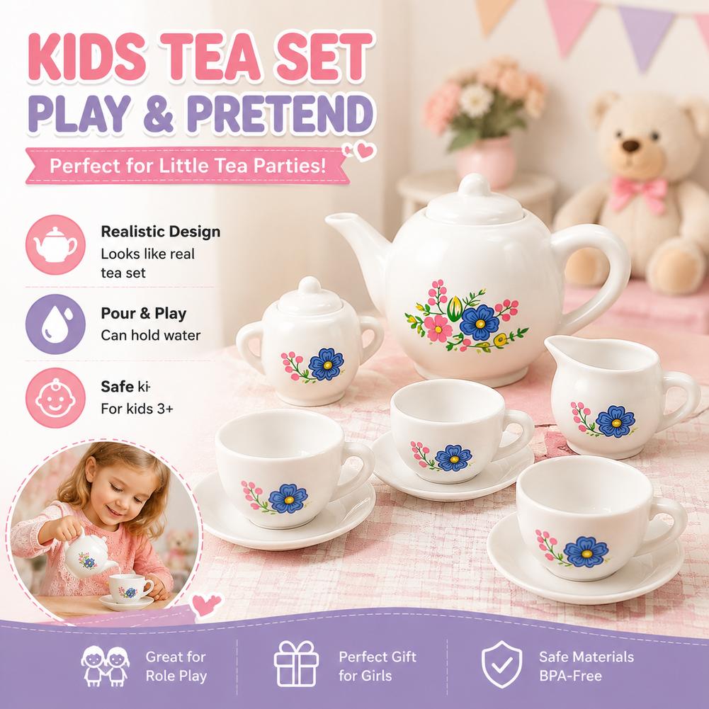 1Set Floral Pretend Play Tea Set Plastic Simulation Teapot Cup Toy Afternoon Tea Role Play Kitchen Toys For Girls Gifts
