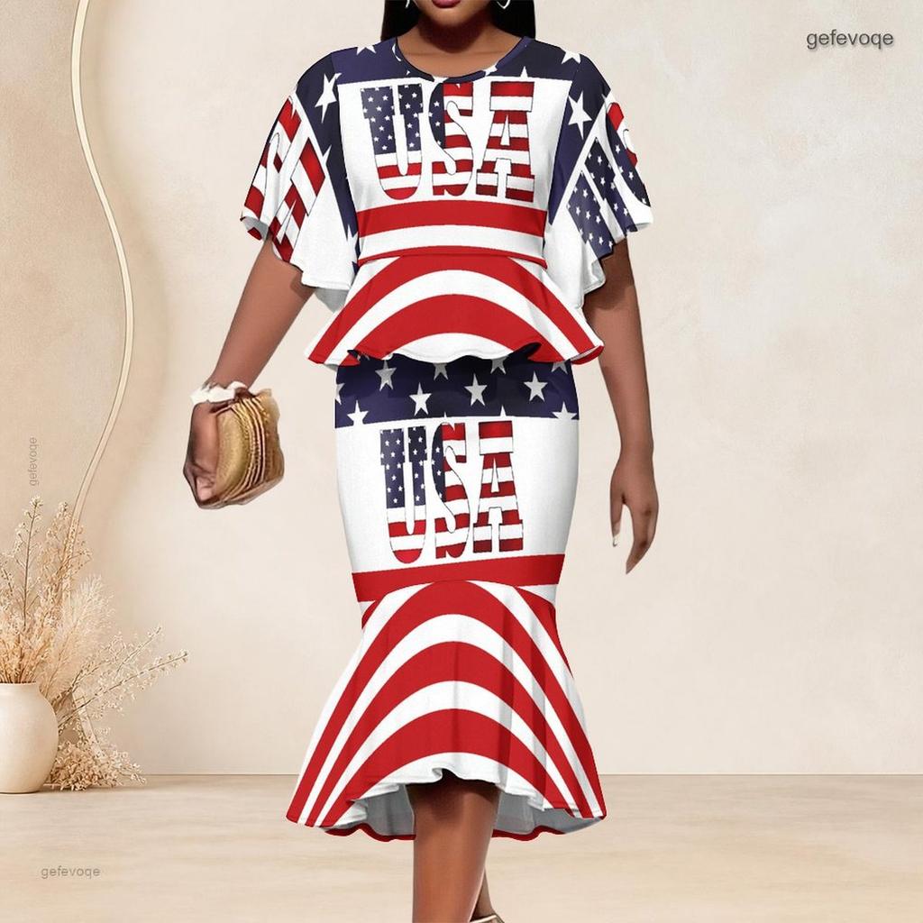 Women Plus Size Printed Round Neck Batwing Sleeve Ruffle Hem Top Fishtail Skirt Two Piece Set