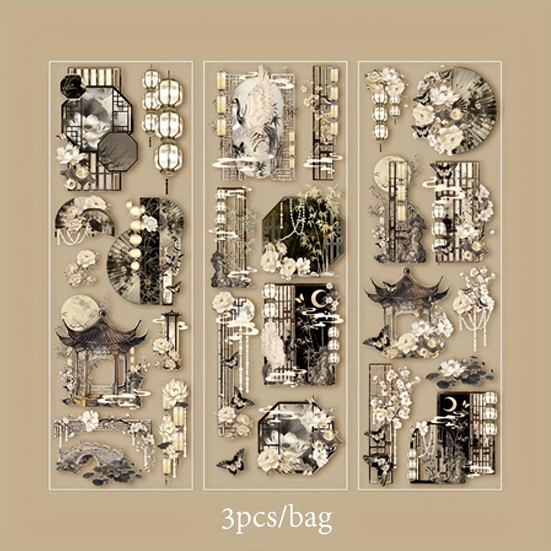 3 Sheets/Bag Of Classical Flower Hot Stamping PET Stickers Chinese Style Creative Diary Notebook Stickers DIY Collage Decoration