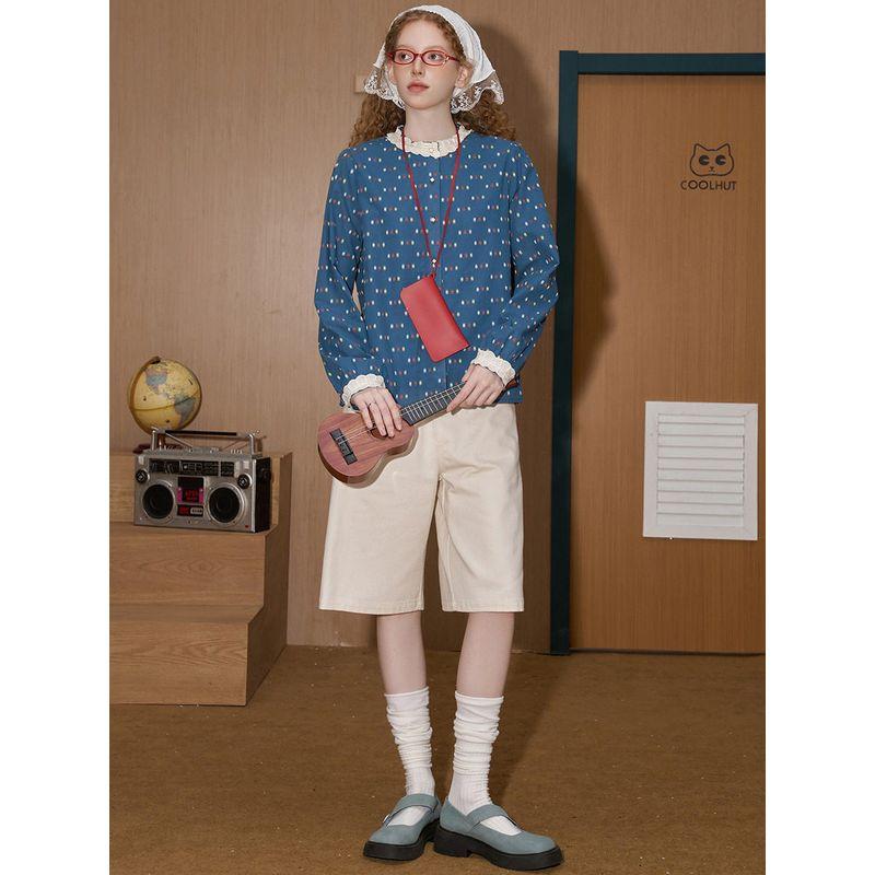 Coolhut Blue Loose-Fitting Lace Design Long-Sleeved Embroidered Printed Sweet Women's Shirt with Artistic Niche Style