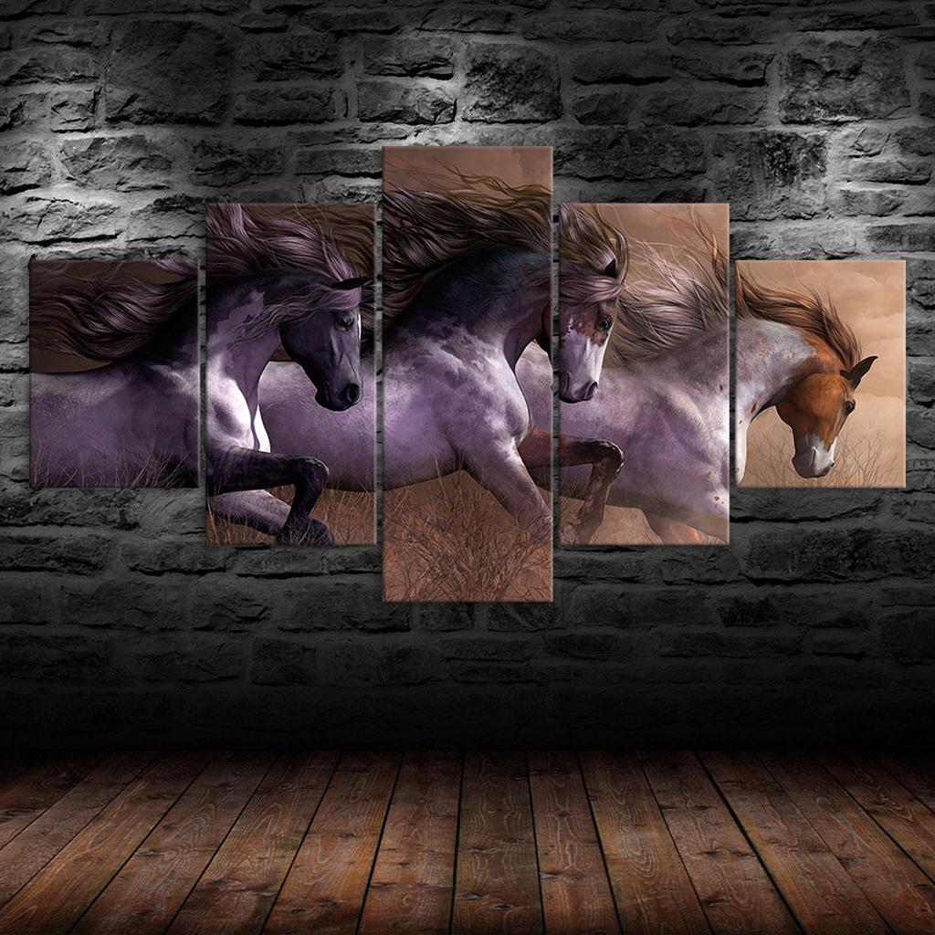 Wild Horse Race Painting Scene 5 Piece Five Panel Wall Canvas Print Modern Art Poster Picture Home Decor Gift For Him For Her