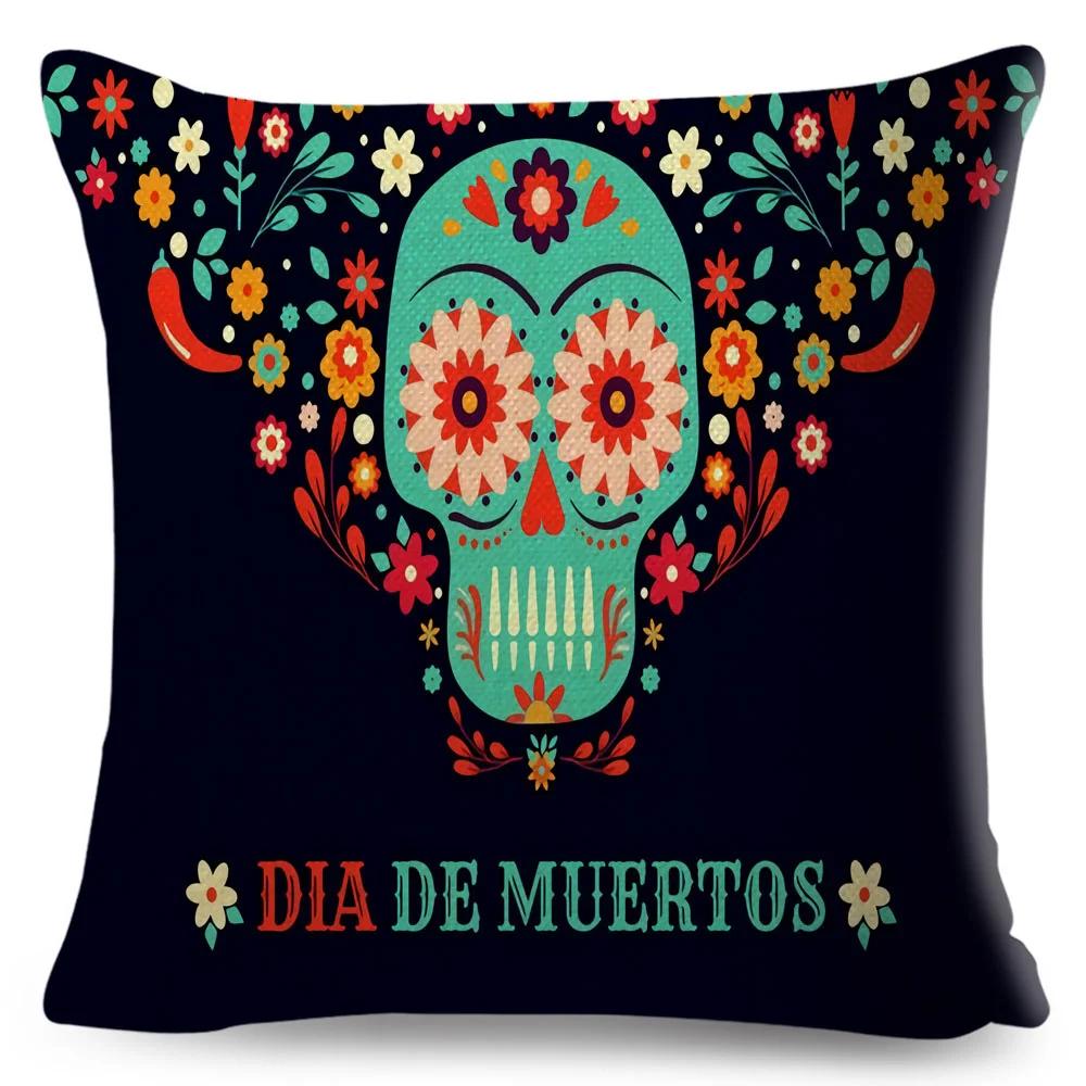 Day Of The Dead Pillowcase Decor Cartoon Mexico Flower Skull Print Cushion Cover for Sofa Home Polyester Pillow Case 45x45cm