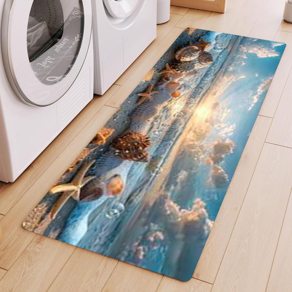 Ocean Beach Scene Runner Rug Sand Ocean Wave Starfish Shells Coral Print Carpet Soft Non-Slip Floor Mat for Hallway Entryway