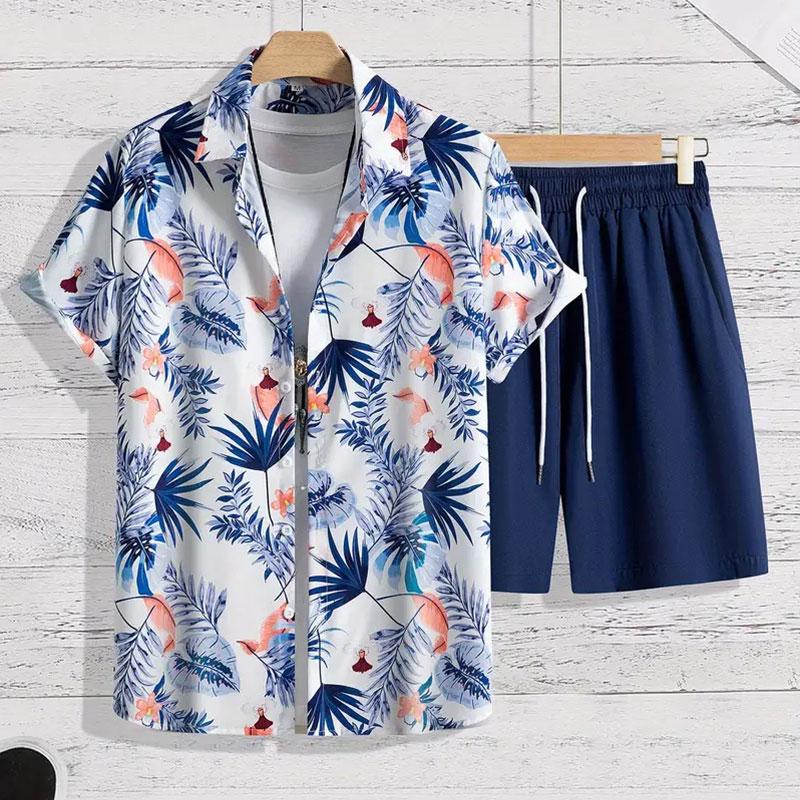 Hawaiis Neues Klassisches Herren Freizeithemd Bedrucktes T-Shirt und Zweiteilige Shorts Sommer Outdoor Reiseaktivitätskleidung
