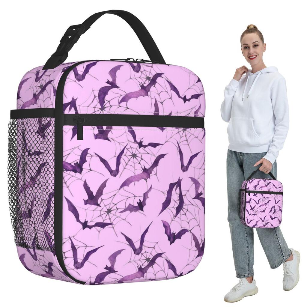 Gradient Purple Bat Pattern Insulated Lunch Bag for Kids School Cooler Thermal Food Box Tote Leakproof Lunch Boxes Container