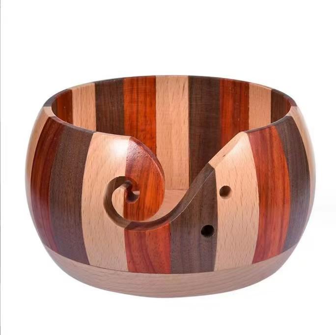In Stock Solid Wood Round Yarn Storage Bowl with Character Carving