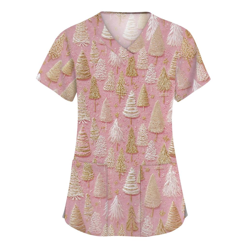 Dámské módní pracovní oděvy s krátkým rukávem a výstřihem do V s kapsami Vánoční topy s potiskem