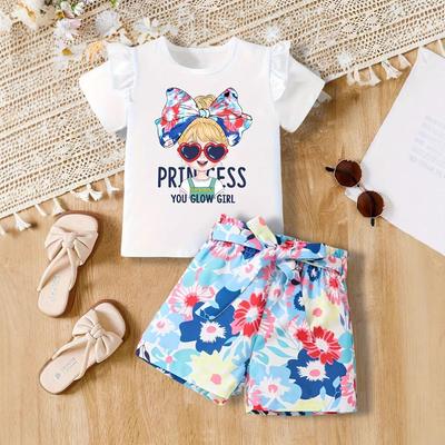 Girls Fashion Round Neck Short Sleeve T-shirt Set Suitable for Children 1-8 Years Old Leisure Suit
