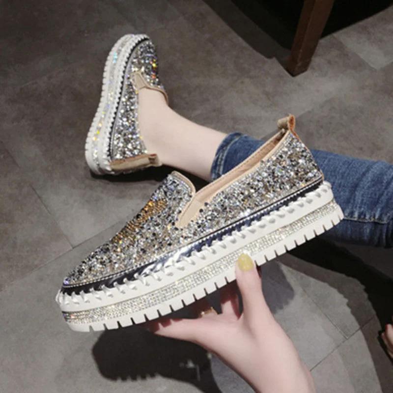 Fashion Diamond Rhinestone Loafers with Crystals Ladies Shoes High On Platform Low Slip Women Footwear Bow Canvas 39 Cotton Trends 2024