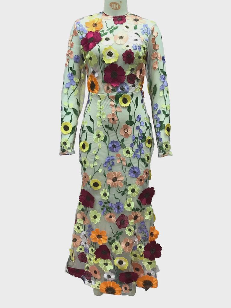Colorful 3D Floral Embroidery Mesh Fishtail Dress - Spring/Summer