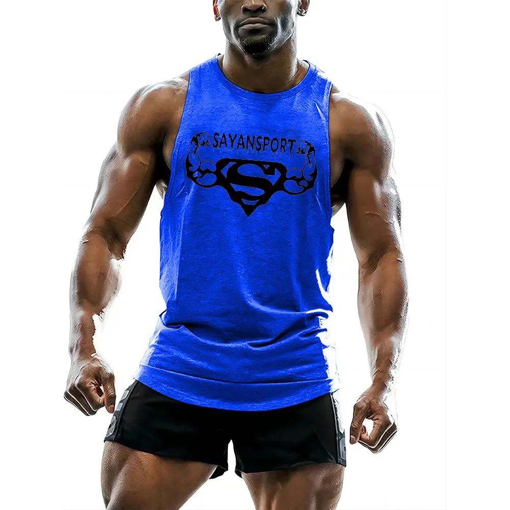 Summer Sports Breathable Sleeveless Vest Gym Fashion Casual Vest Tops Quick Dry Men's Fitness Barbell Print Running Shirt Vest