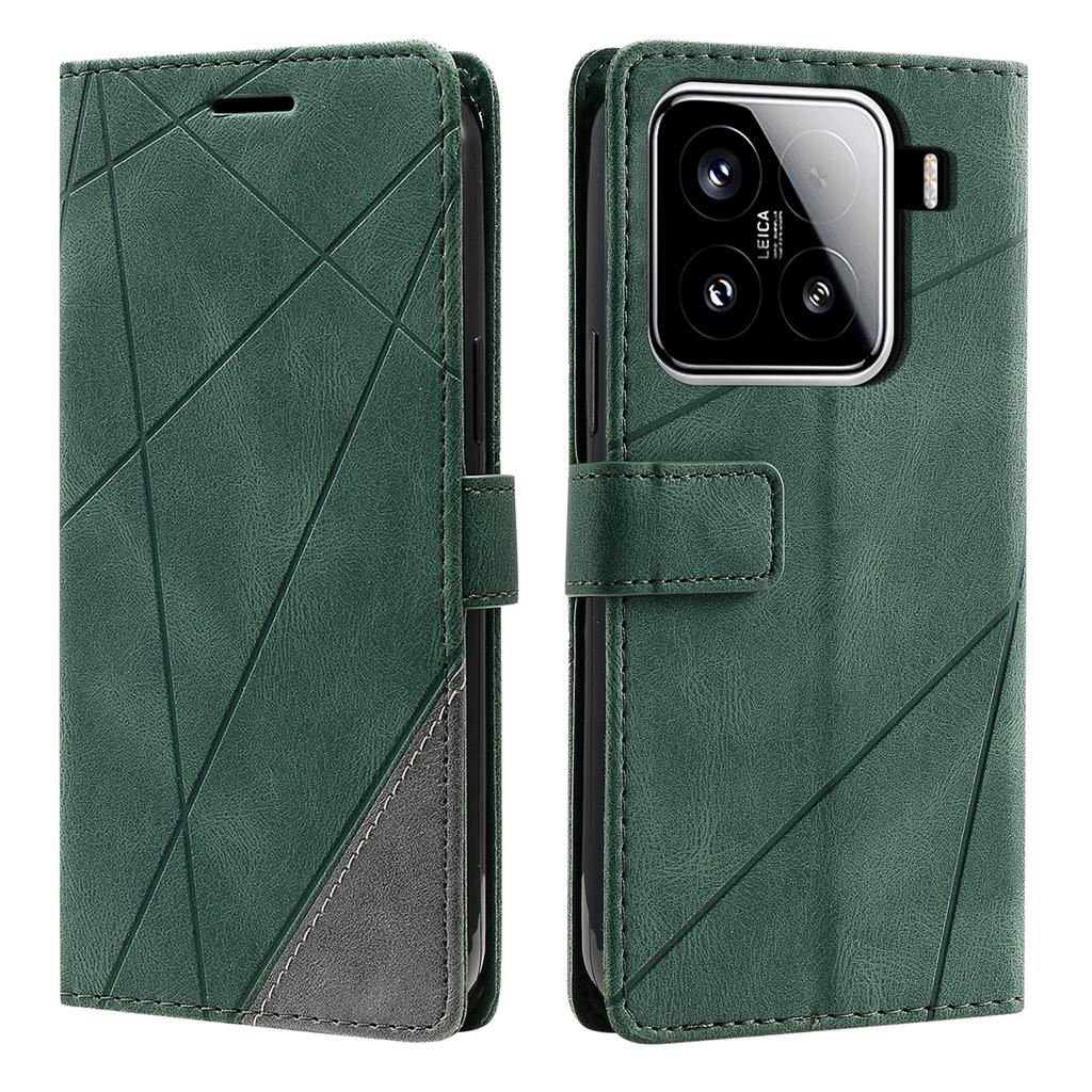For Xiaomi 15 Case Imprinted Lines PU Leather Splicing Wallet Phone Cover with Wrist Strap