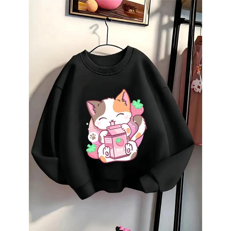 Crewneck Sweatshirt for Girls Featuring an Adorable Cat And Strawberry Milk Design, Machine Washable, Suitable for Spring And Autumn