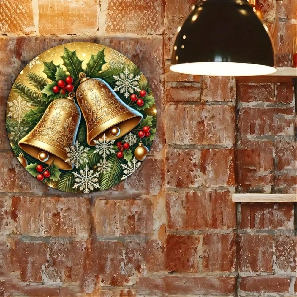 Metal Christmas Bell Round Sign Holiday Decor Vintage Home Wall Art Gift