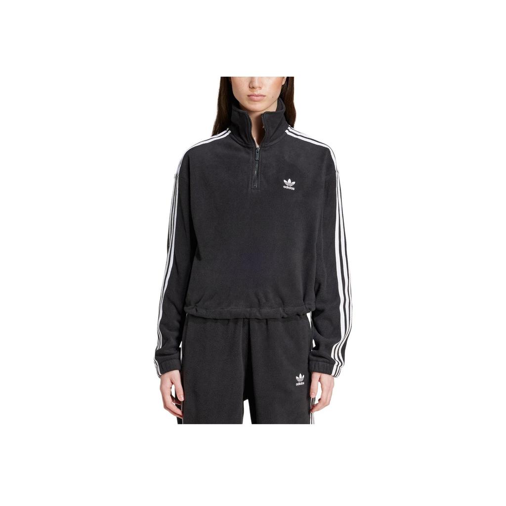 Adidas Originals Loose Polar Fleece Sweatshirt Half Zip Comfortable Striped Women Sweatshirt Black IY7266