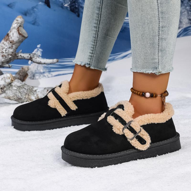 Fashion Soft Thick Bottom Furry Casual Shoes Women 2025 Winter Warm Short Plush Flats Shoes Metal Buckle Non Slip Snow Boots for Woman